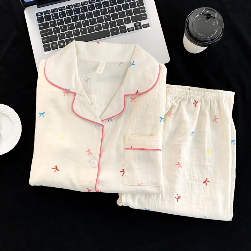 Musim Panas Wanita Baru Cloud Cotton Lengan Panjang Celana Panjang Set Dua Potong Cetak Kartun Kerah Cardigan · Grosir · OEM · Pengiriman Global - View 4