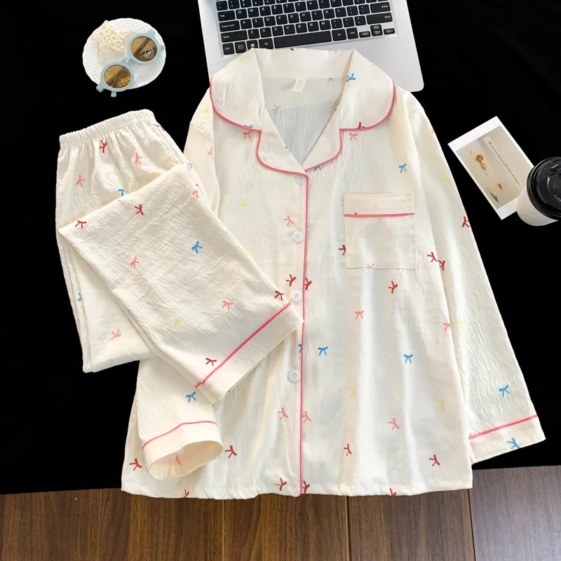 Musim Panas Wanita Baru Cloud Cotton Lengan Panjang Celana Panjang Set Dua Potong Cetak Kartun Kerah Cardigan · Grosir · OEM · Pengiriman Global - View 1
