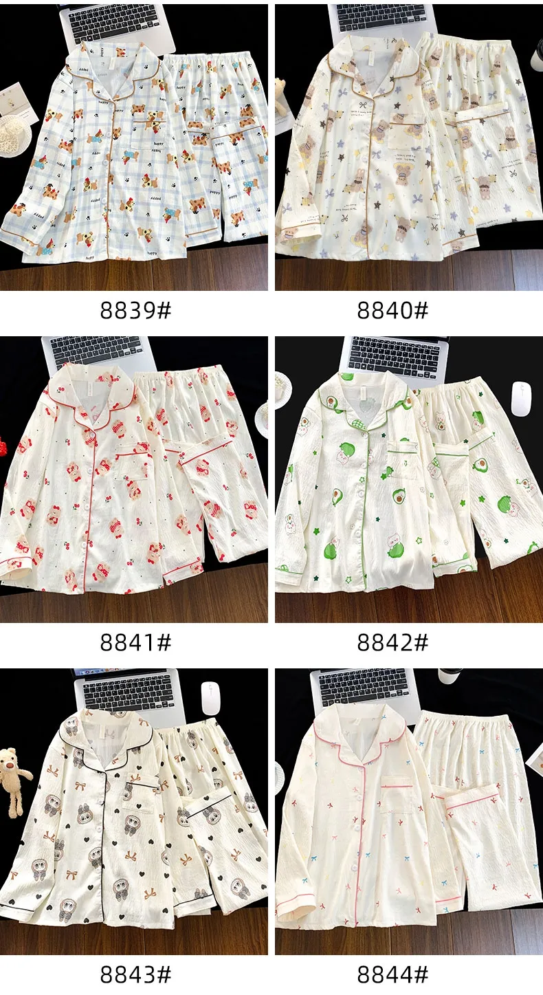 Musim Panas Wanita Baru Cloud Cotton Lengan Panjang Celana Panjang Set Dua Potong Cetak Kartun Kerah Cardigan · Grosir · OEM · Pengiriman Global - Detail 2