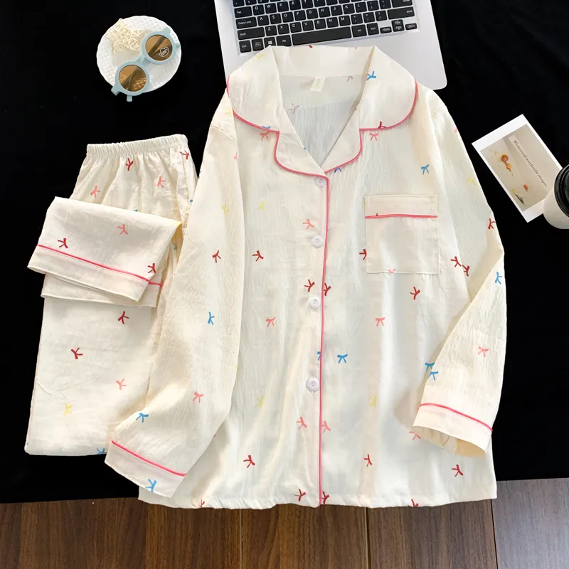 Musim Panas Wanita Baru Cloud Cotton Lengan Panjang Celana Panjang Set Dua Potong Cetak Kartun Kerah Cardigan · Grosir · OEM · Pengiriman Global - View 2