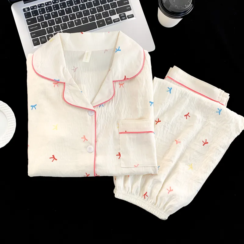 Musim Panas Wanita Baru Cloud Cotton Lengan Panjang Celana Panjang Set Dua Potong Cetak Kartun Kerah Cardigan · Grosir · OEM · Pengiriman Global - View 3
