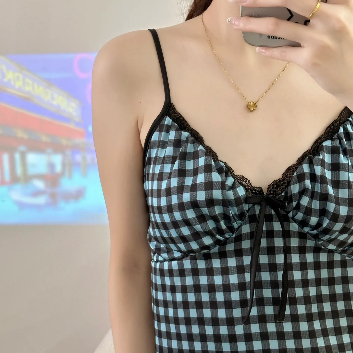 여름 신상 여성 파자마 아이스실크 캐미솔 반바지 투피스 체크 섹시 순욕풍 패드 내장 홈웨어 · 도매 · OEM · 전 세계 배송 - Detail 6