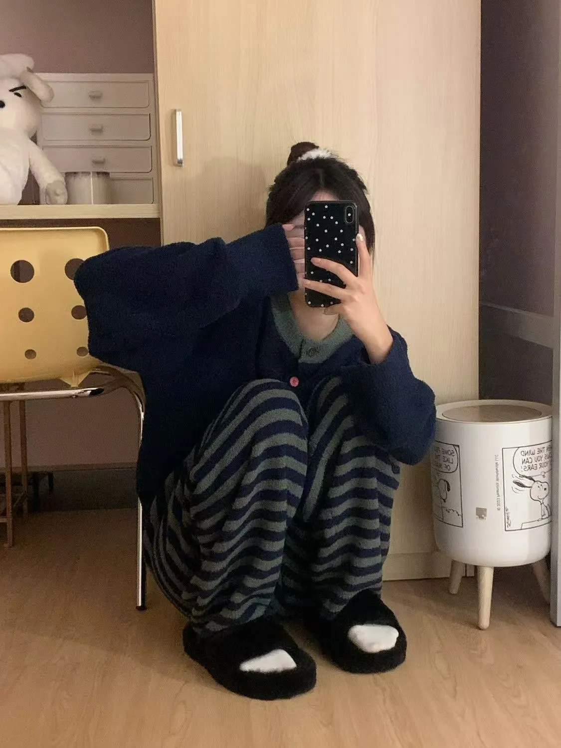 Korean Style Minimalist Striped Knit Pajamas Women Winter New Fleece-Lined Thickened Half-Fleece Loungewear · Wholesale · OEM · Worldwide Shipping - Detail 4