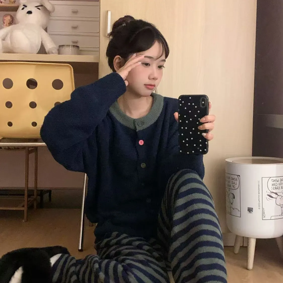 Korean Style Minimalist Striped Knit Pajamas Women Winter New Fleece-Lined Thickened Half-Fleece Loungewear · Wholesale · OEM · Worldwide Shipping - View 4