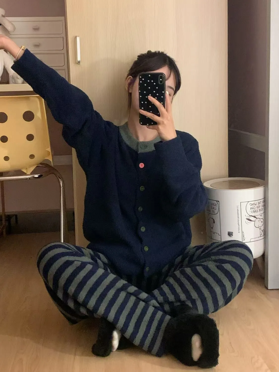 Korean Style Minimalist Striped Knit Pajamas Women Winter New Fleece-Lined Thickened Half-Fleece Loungewear · Wholesale · OEM · Worldwide Shipping - Detail 6