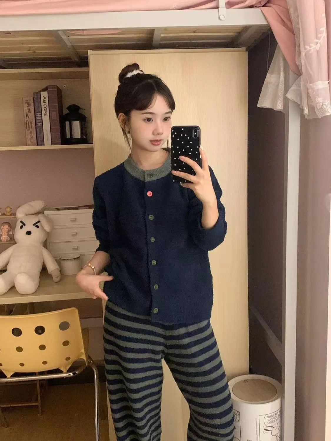 Korean Style Minimalist Striped Knit Pajamas Women Winter New Fleece-Lined Thickened Half-Fleece Loungewear · Wholesale · OEM · Worldwide Shipping - Detail 5
