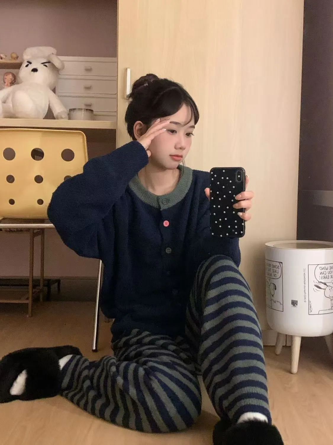 Korean Style Minimalist Striped Knit Pajamas Women Winter New Fleece-Lined Thickened Half-Fleece Loungewear · Wholesale · OEM · Worldwide Shipping - Detail 7