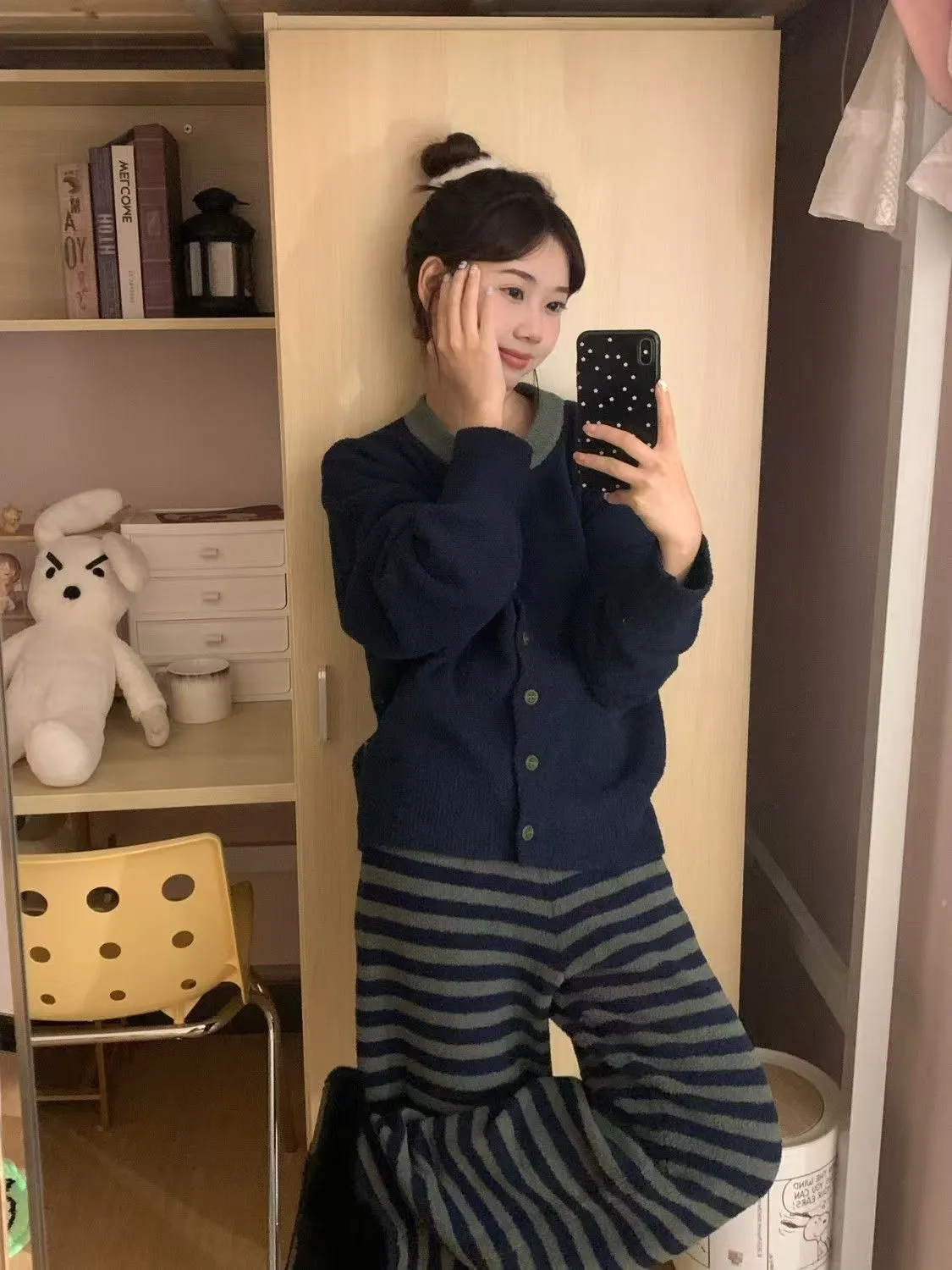 Korean Style Minimalist Striped Knit Pajamas Women Winter New Fleece-Lined Thickened Half-Fleece Loungewear · Wholesale · OEM · Worldwide Shipping - Detail 8