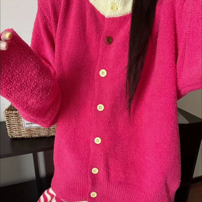 Pyjama femme en tricot à rayures design haut de gamme, ensemble de maison doublé polaire, épais et chaud · Grossiste · OEM · Mondial - View 4
