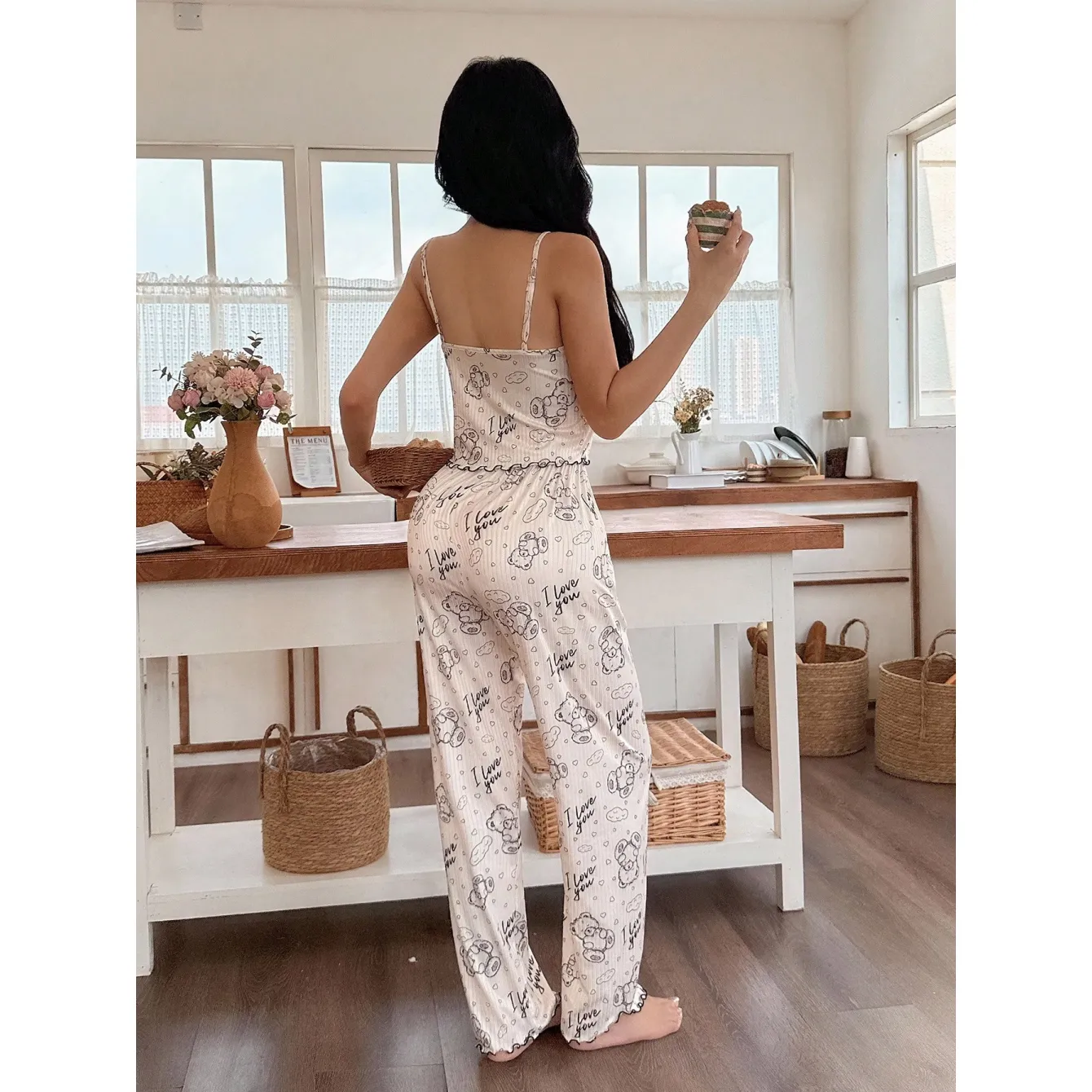 2026 New Amazon Sexy Two-Piece Pajama Set, Bear Print Camisole with Bow and Long Pants, Wearable-Outside Loungewear · Wholesale · OEM · Worldwide Shipping - View 2