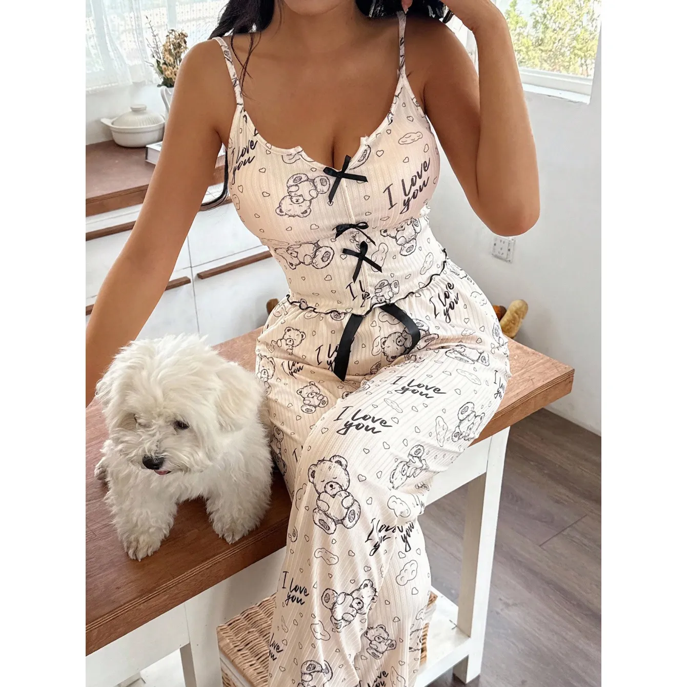 2026 New Amazon Sexy Two-Piece Pajama Set, Bear Print Camisole with Bow and Long Pants, Wearable-Outside Loungewear · Wholesale · OEM · Worldwide Shipping - View 1