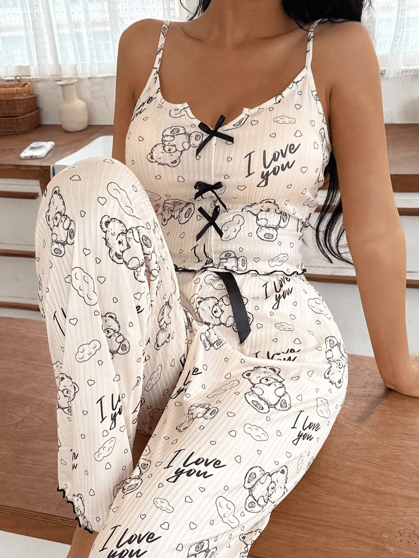 2026 New Amazon Sexy Two-Piece Pajama Set, Bear Print Camisole with Bow and Long Pants, Wearable-Outside Loungewear · Wholesale · OEM · Worldwide Shipping - Detail 4