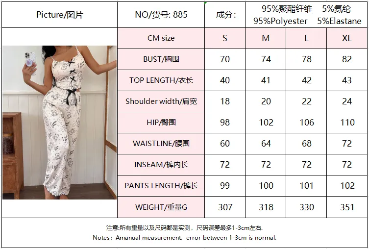 2026 New Amazon Sexy Two-Piece Pajama Set, Bear Print Camisole with Bow and Long Pants, Wearable-Outside Loungewear · Wholesale · OEM · Worldwide Shipping - Detail 1