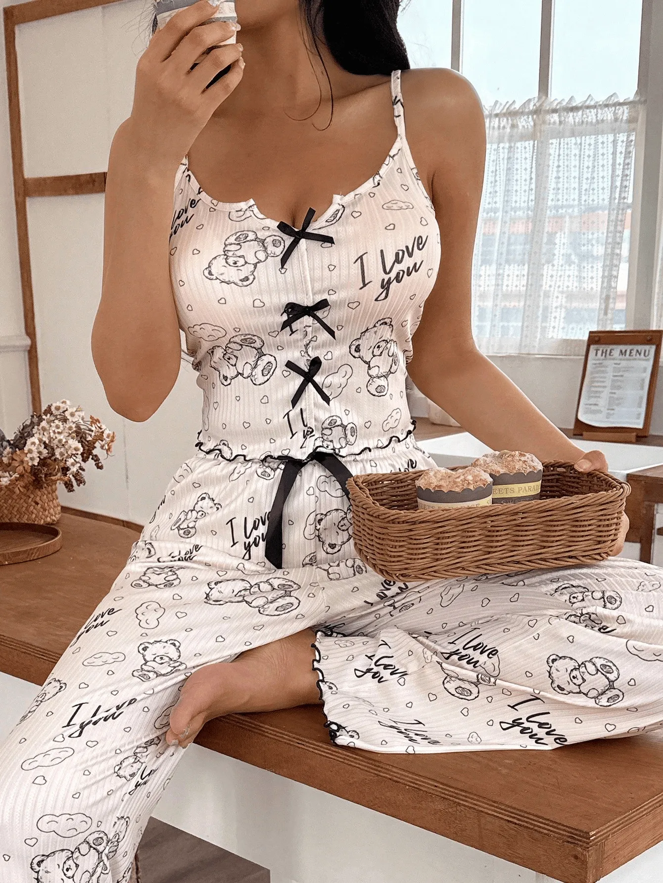 2026 New Amazon Sexy Two-Piece Pajama Set, Bear Print Camisole with Bow and Long Pants, Wearable-Outside Loungewear · Wholesale · OEM · Worldwide Shipping - Detail 7