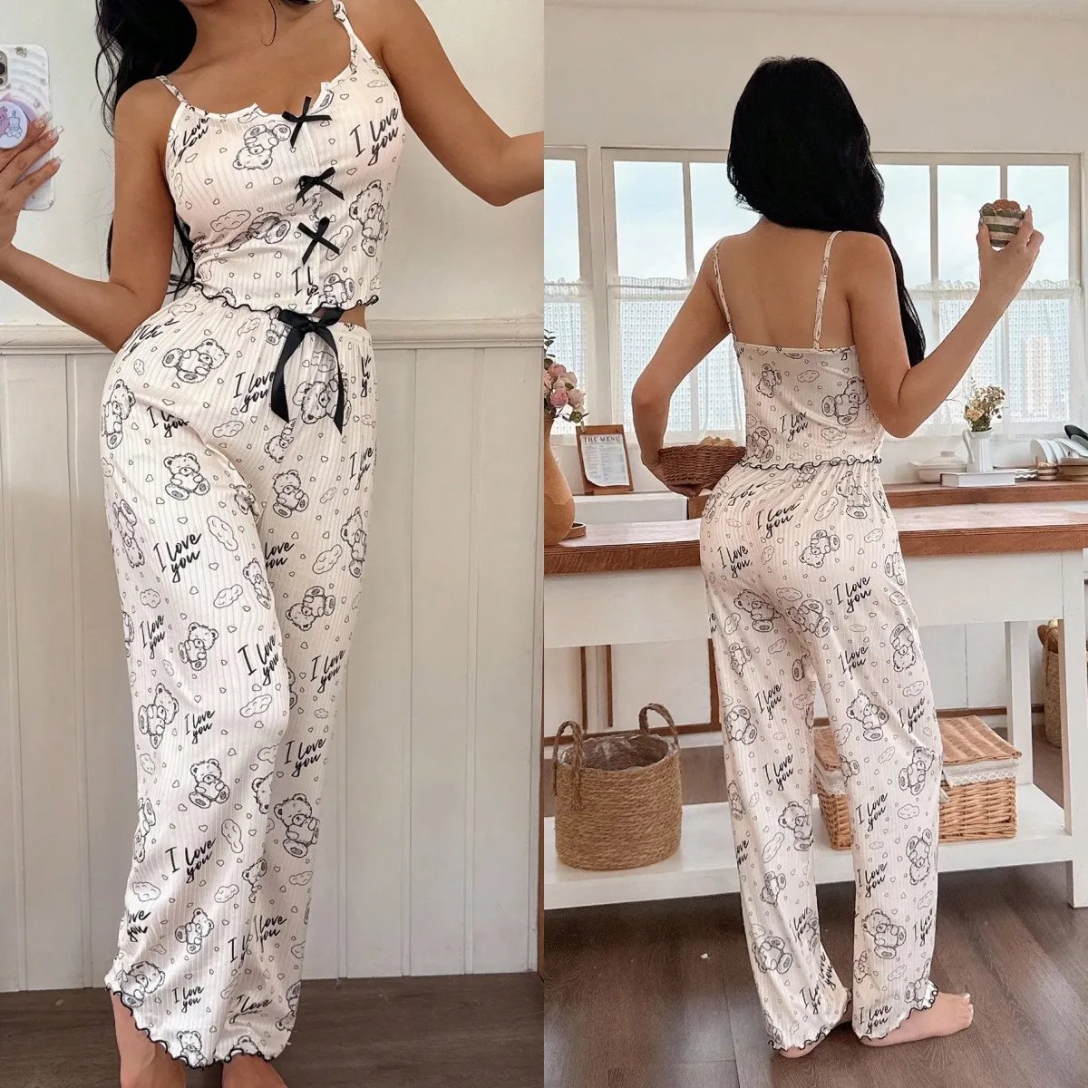 2026 New Amazon Sexy Two-Piece Pajama Set, Bear Print Camisole with Bow and Long Pants, Wearable-Outside Loungewear · Wholesale · OEM · Worldwide Shipping