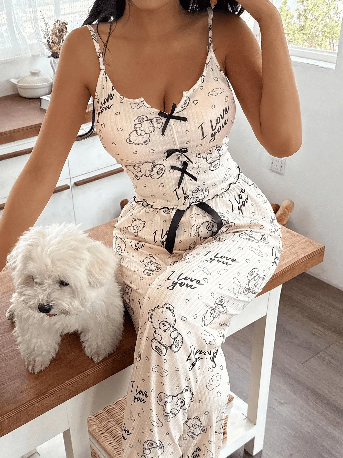 2026 New Amazon Sexy Two-Piece Pajama Set, Bear Print Camisole with Bow and Long Pants, Wearable-Outside Loungewear · Wholesale · OEM · Worldwide Shipping - Detail 2