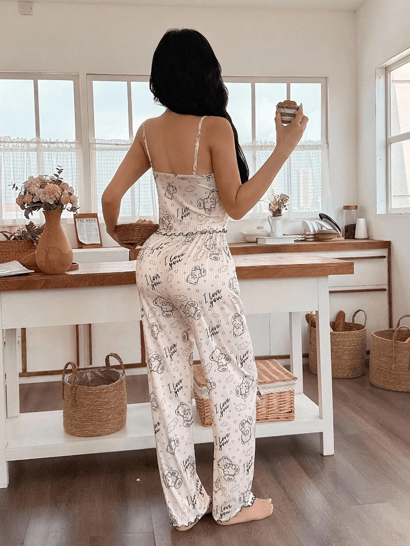 2026 New Amazon Sexy Two-Piece Pajama Set, Bear Print Camisole with Bow and Long Pants, Wearable-Outside Loungewear · Wholesale · OEM · Worldwide Shipping - Detail 3