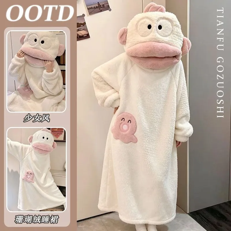 Women's Hooded Coral Fleece Nightgown, Funny Clown Fish Design, Winter Thickened Fleece Pajamas · Wholesale · OEM · Worldwide Shipping