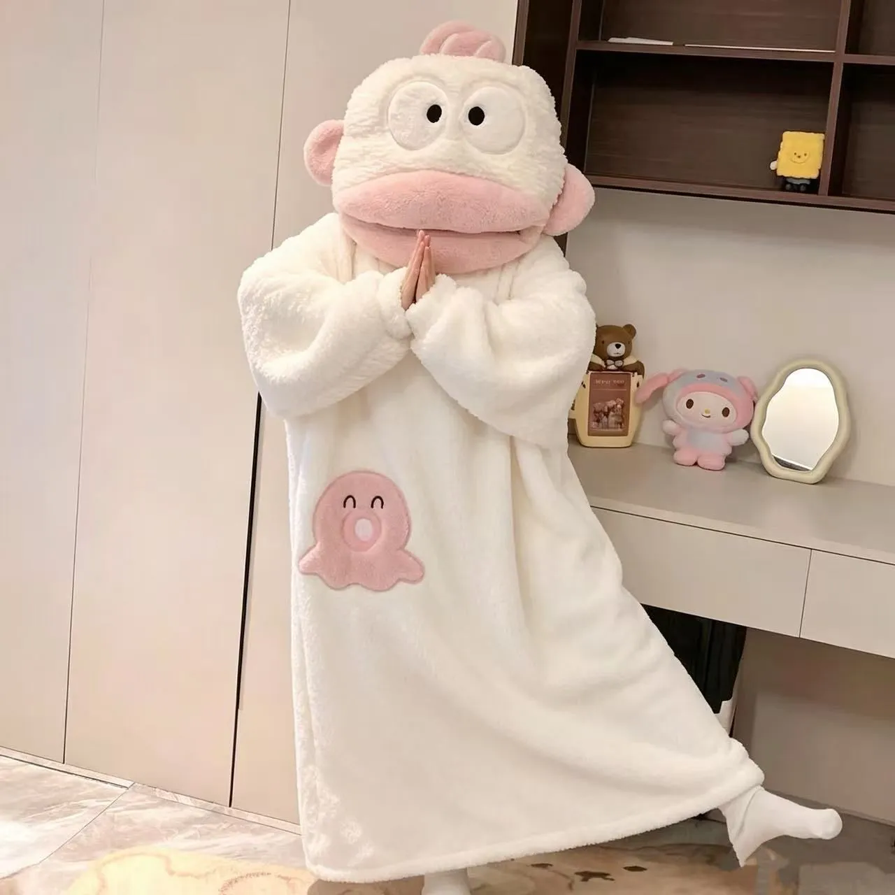 Women's Hooded Coral Fleece Nightgown, Funny Clown Fish Design, Winter Thickened Fleece Pajamas · Wholesale · OEM · Worldwide Shipping - View 2
