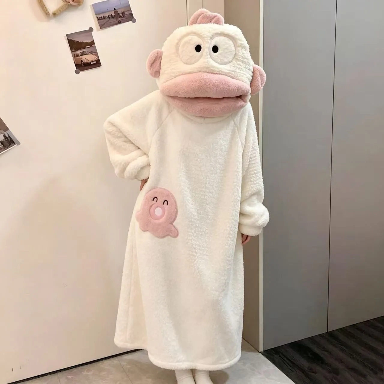 Women's Hooded Coral Fleece Nightgown, Funny Clown Fish Design, Winter Thickened Fleece Pajamas · Wholesale · OEM · Worldwide Shipping - View 3