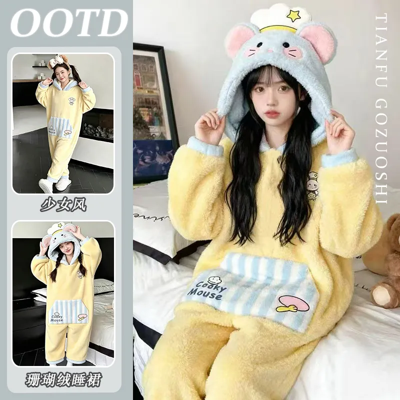 Cute Cartoon Mouse One-Piece Nightgown, Funny Winter Coral Fleece Sleepwear · Wholesale · OEM · Worldwide Shipping