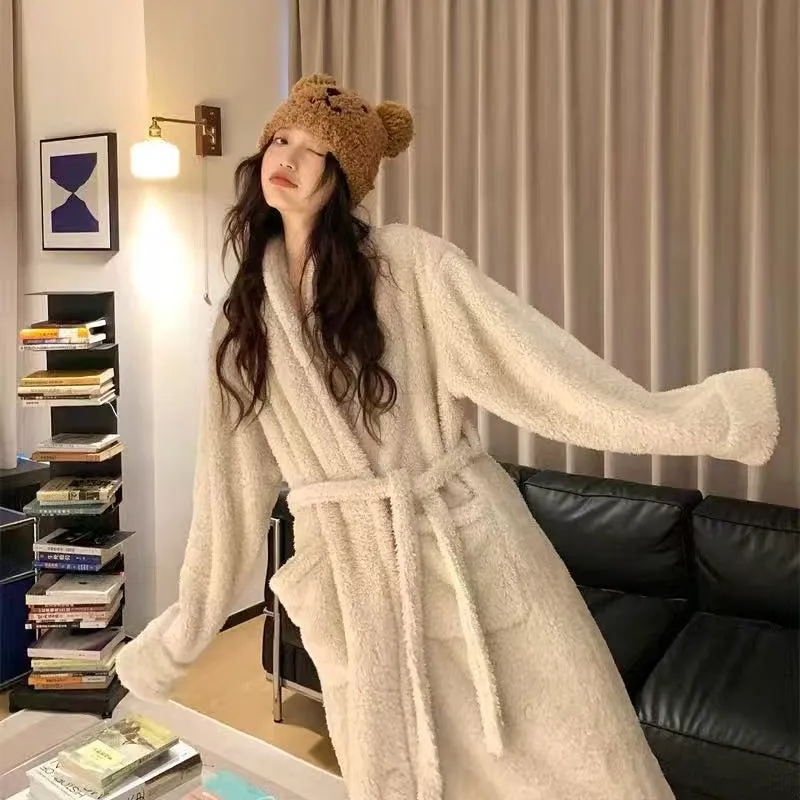 Coral Fleece Long Robe Women Autumn Winter Elegant High-End Feel Wearable Outside Long Sleeve Loungewear · Wholesale · OEM · Worldwide Shipping - View 4