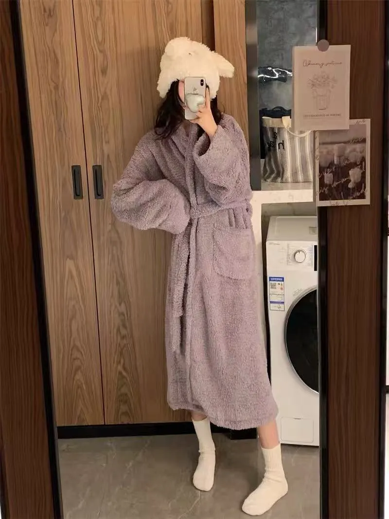 Women's Long Coral Fleece Robe for Autumn/Winter, Elegant High-End Style, Wearable Outdoors, Long-Sleeve Loungewear · Wholesale · OEM · Worldwide Shipping - Detail 8