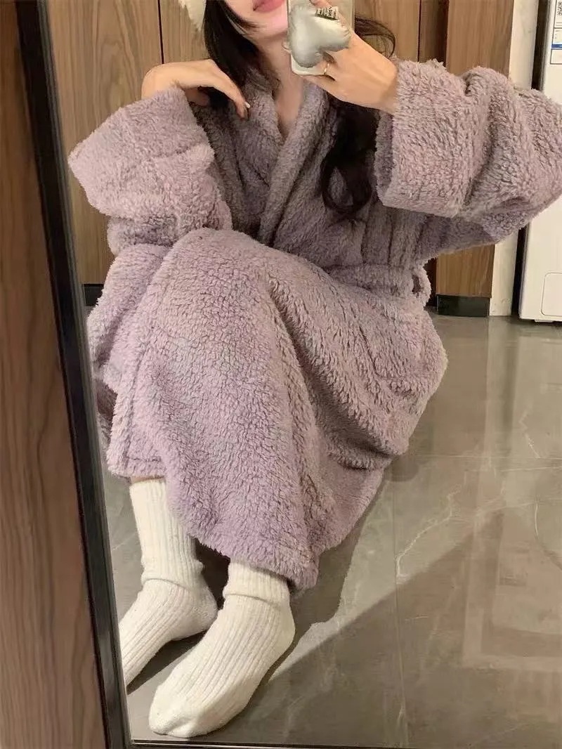 Women's Long Coral Fleece Robe for Autumn/Winter, Elegant High-End Style, Wearable Outdoors, Long-Sleeve Loungewear · Wholesale · OEM · Worldwide Shipping - Detail 9
