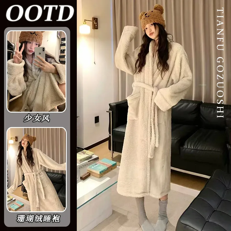Coral Fleece Long Robe Women Autumn Winter Elegant High-End Feel Wearable Outside Long Sleeve Loungewear · Wholesale · OEM · Worldwide Shipping