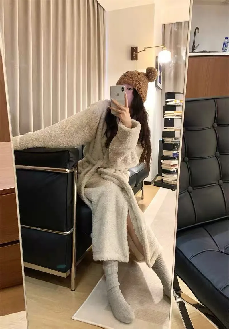 Coral Fleece Long Robe Women Autumn Winter Elegant High-End Feel Wearable Outside Long Sleeve Loungewear · Wholesale · OEM · Worldwide Shipping - Detail 13