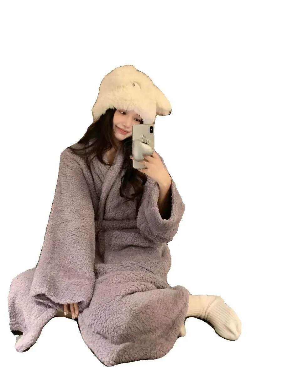 Women's Long Coral Fleece Robe for Autumn/Winter, Elegant High-End Style, Wearable Outdoors, Long-Sleeve Loungewear · Wholesale · OEM · Worldwide Shipping - Detail 4