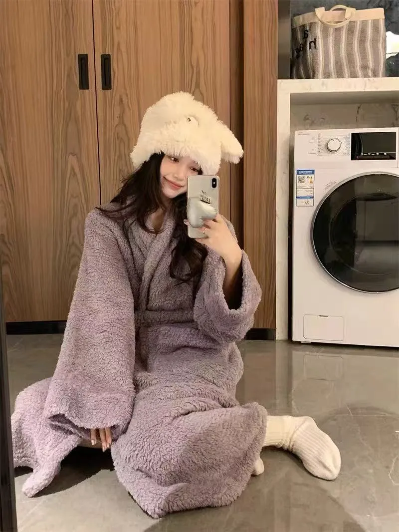 Women's Long Coral Fleece Robe for Autumn/Winter, Elegant High-End Style, Wearable Outdoors, Long-Sleeve Loungewear · Wholesale · OEM · Worldwide Shipping - Detail 5