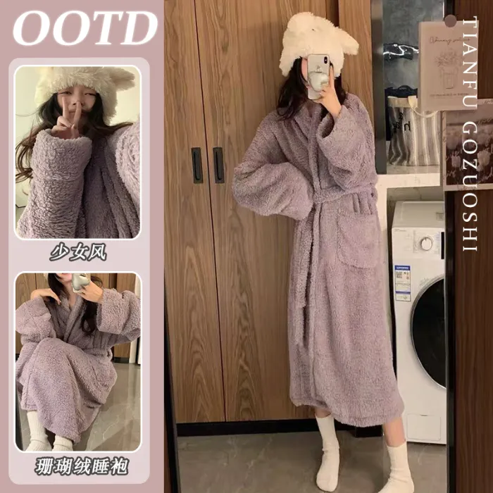 Coral Fleece Long Robe Women Autumn Winter Elegant High-End Feel Wearable Outside Long Sleeve Loungewear · Wholesale · OEM · Worldwide Shipping - Detail 2
