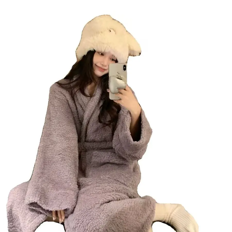 Women's Long Coral Fleece Robe for Autumn/Winter, Elegant High-End Style, Wearable Outdoors, Long-Sleeve Loungewear · Wholesale · OEM · Worldwide Shipping - View 4