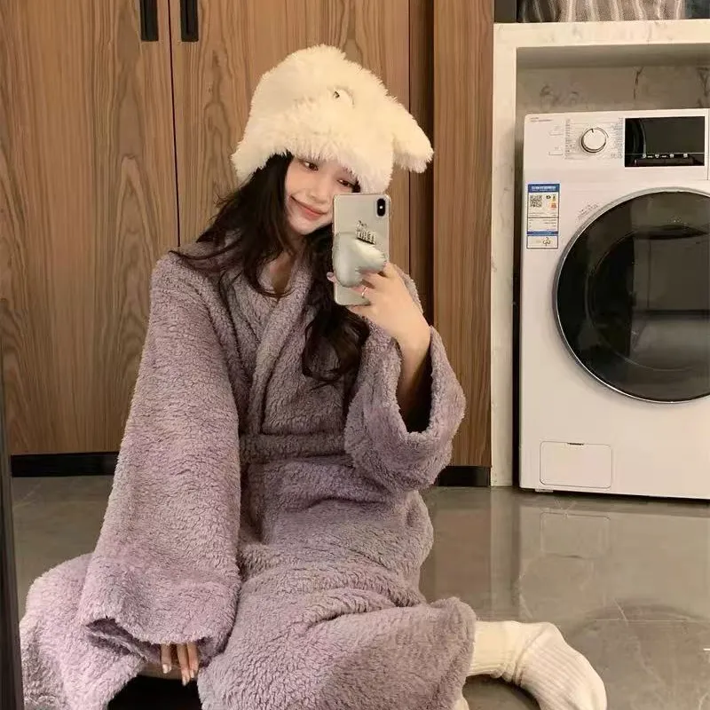 Women's Long Coral Fleece Robe for Autumn/Winter, Elegant High-End Style, Wearable Outdoors, Long-Sleeve Loungewear · Wholesale · OEM · Worldwide Shipping - View 2