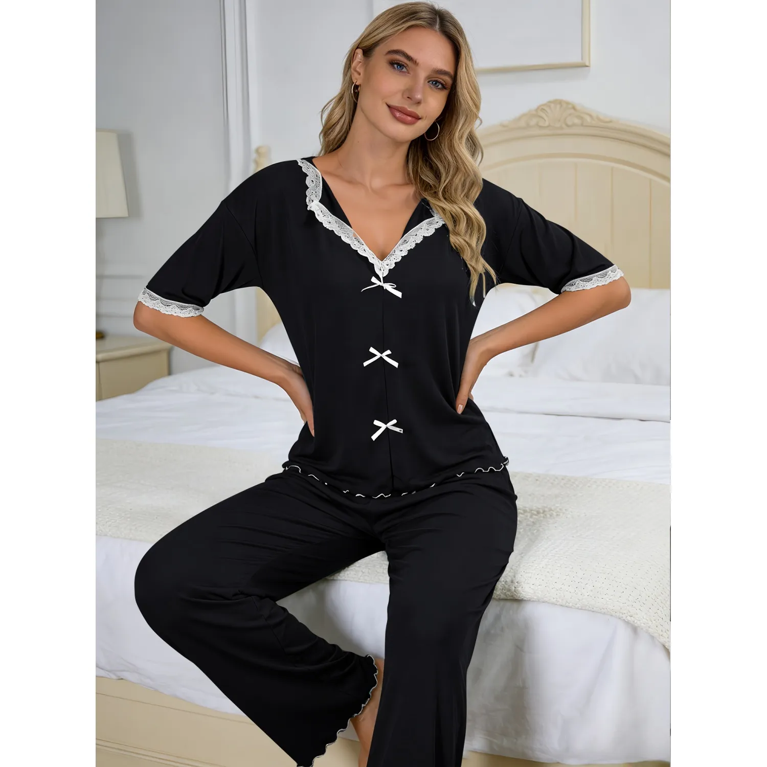 New Europe & US Style Women's Sweet Pajama Set with Ruffle Trim and Bow, Loose Casual Thin Two-Piece Wearable-Outside Loungewear · Wholesale · OEM · Worldwide Shipping - View 2