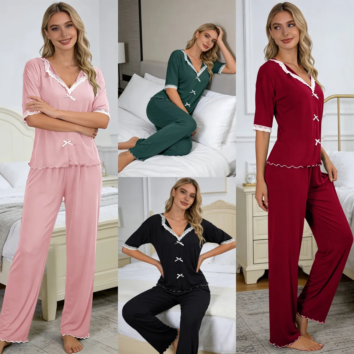 New Europe & US Style Women's Sweet Pajama Set with Ruffle Trim and Bow, Loose Casual Thin Two-Piece Wearable-Outside Loungewear · Wholesale · OEM · Worldwide Shipping