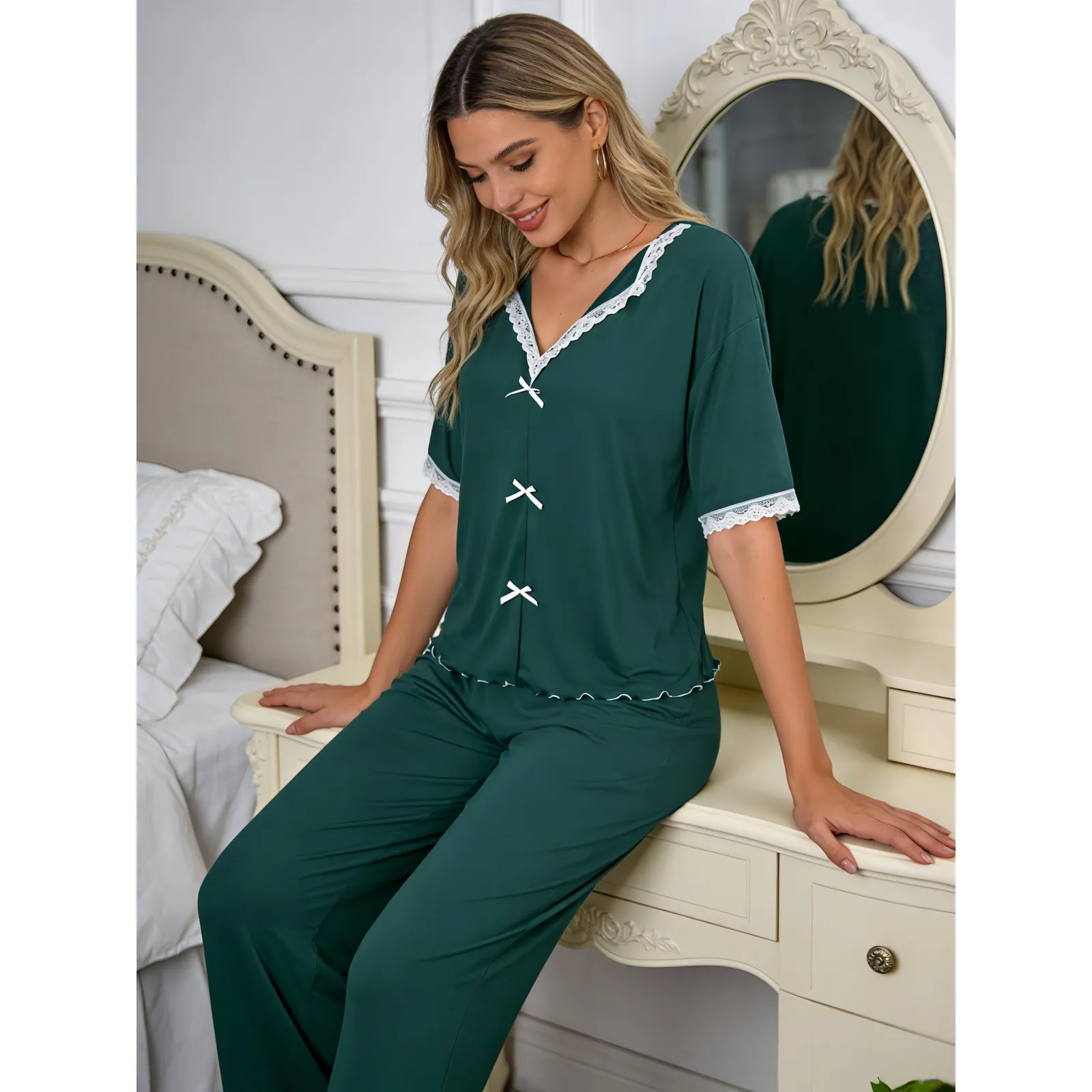 New Europe & US Style Women's Sweet Pajama Set with Ruffle Trim and Bow, Loose Casual Thin Two-Piece Wearable-Outside Loungewear · Wholesale · OEM · Worldwide Shipping - View 4
