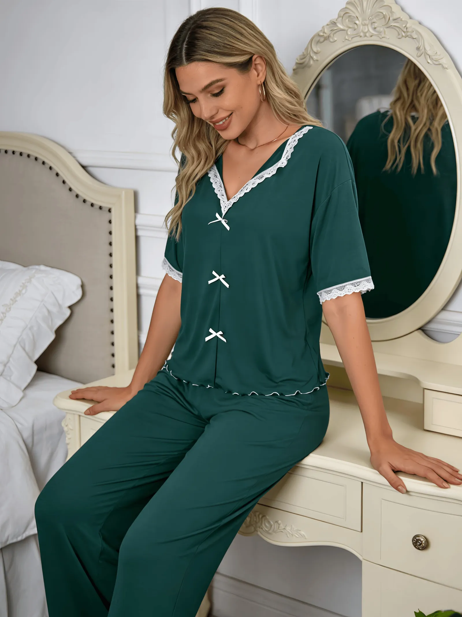New Europe & US Style Women's Sweet Pajama Set with Ruffle Trim and Bow, Loose Casual Thin Two-Piece Wearable-Outside Loungewear · Wholesale · OEM · Worldwide Shipping - Detail 21