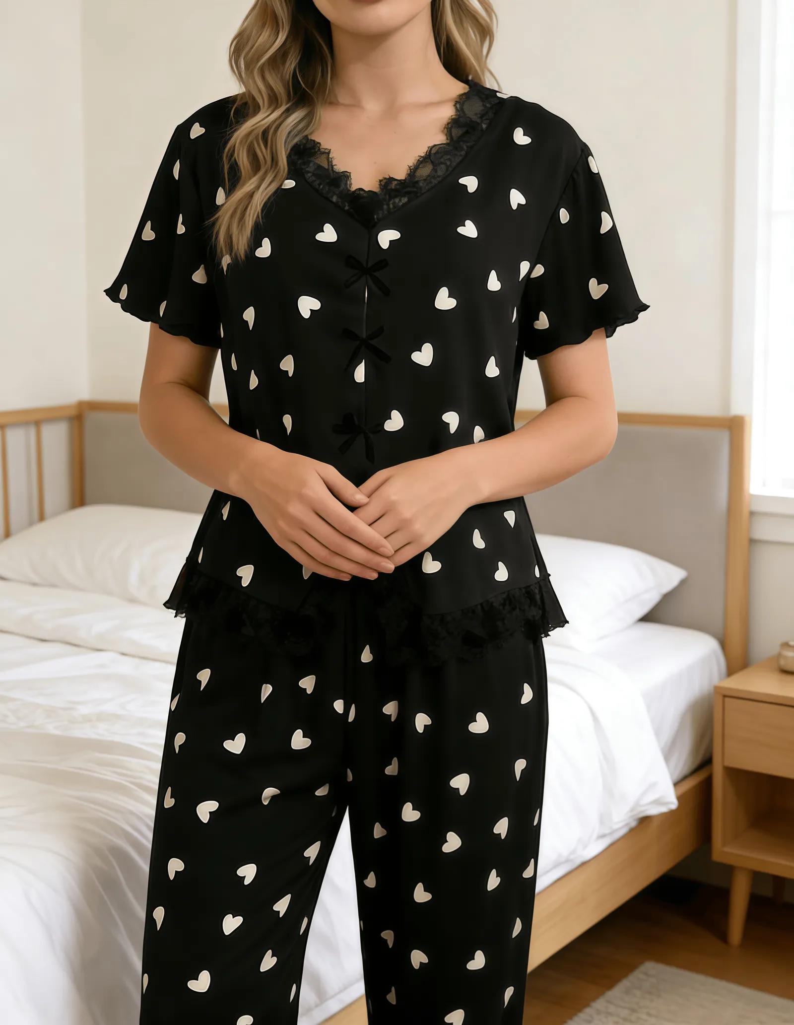 New Women's Heart Print Pajama Set with Lace Panel, Short Sleeve Top and Long Pants, Two-Piece Wearable-Outside Loungewear · Wholesale · OEM · Worldwide Shipping - Detail 7