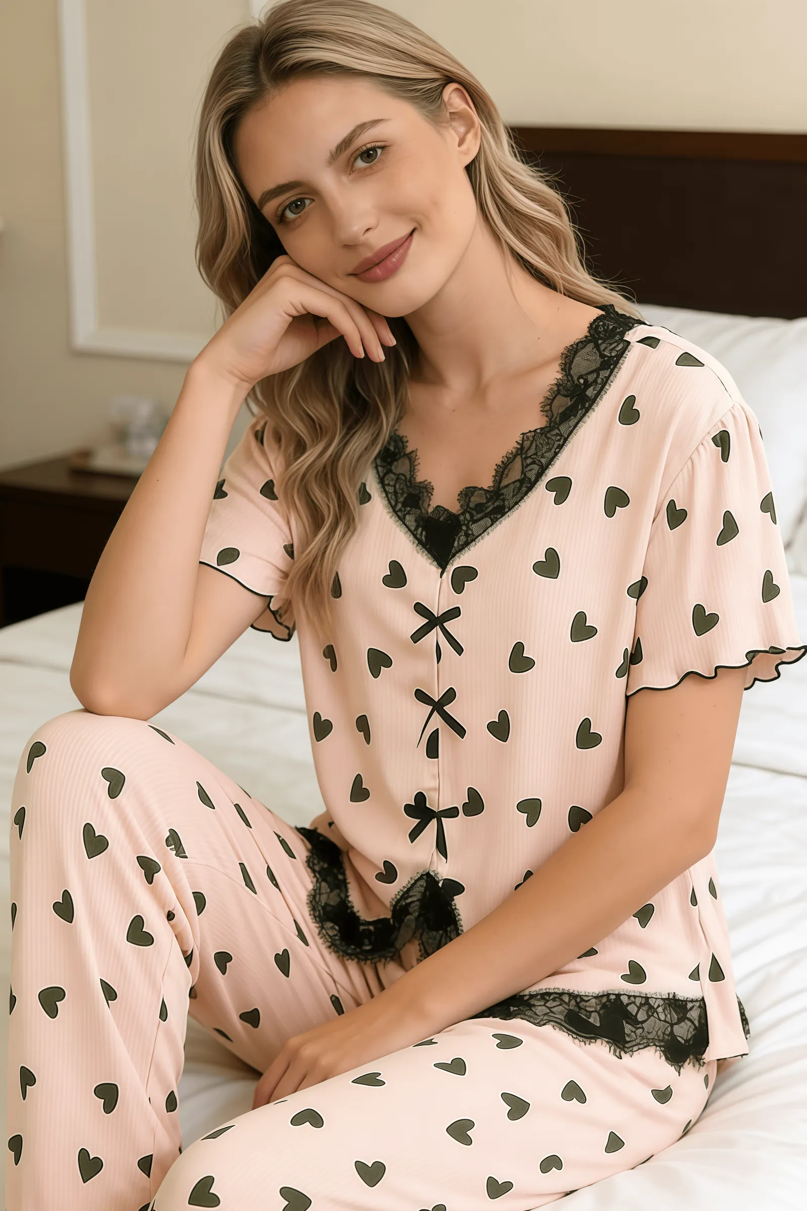 New Women's Heart Print Pajama Set with Lace Panel, Short Sleeve Top and Long Pants, Two-Piece Wearable-Outside Loungewear · Wholesale · OEM · Worldwide Shipping - Detail 3