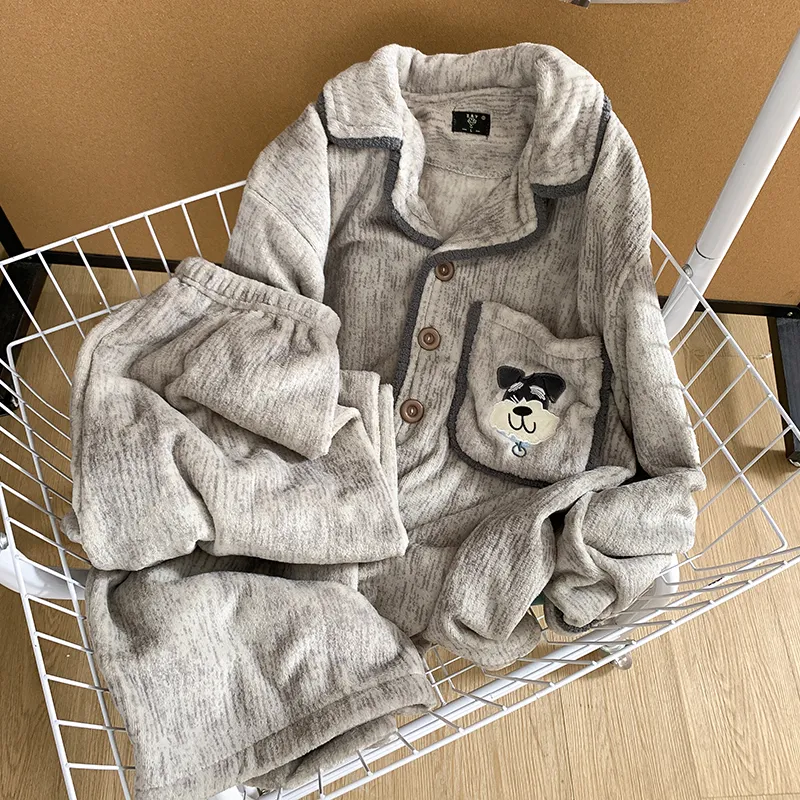 Милые мягкие пижамы для пар из кораллового флиса со щенком, женские домашние костюмы премиум-класса с шнауцером, утеплённые фланелевые мужские домашние костюмы · Опт · OEM · Доставка по миру - Detail 14