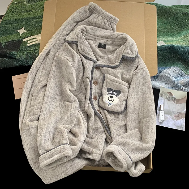 Милые мягкие пижамы для пар из кораллового флиса со щенком, женские домашние костюмы премиум-класса с шнауцером, утеплённые фланелевые мужские домашние костюмы · Опт · OEM · Доставка по миру - Detail 15