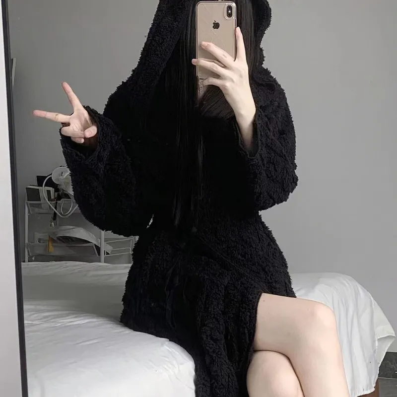 Coral Fleece Long Hooded Black Robe for Women Autumn Winter Elegant Premium Jacquard Wearable Outside Long-Sleeve Loungewear · Wholesale · OEM · Worldwide Shipping - View 1