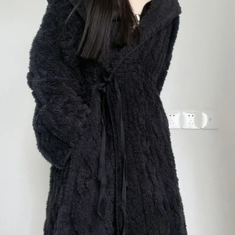 Coral Fleece Long Hooded Black Robe for Women Autumn Winter Elegant Premium Jacquard Wearable Outside Long-Sleeve Loungewear · Wholesale · OEM · Worldwide Shipping - View 3
