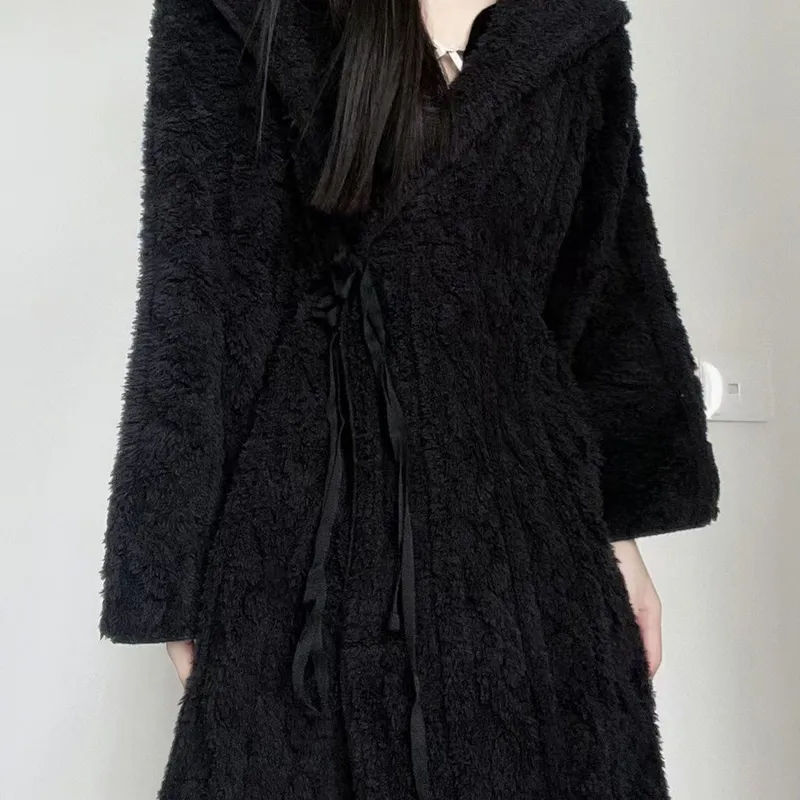 Coral Fleece Long Hooded Black Robe for Women Autumn Winter Elegant Premium Jacquard Wearable Outside Long-Sleeve Loungewear · Wholesale · OEM · Worldwide Shipping - View 4