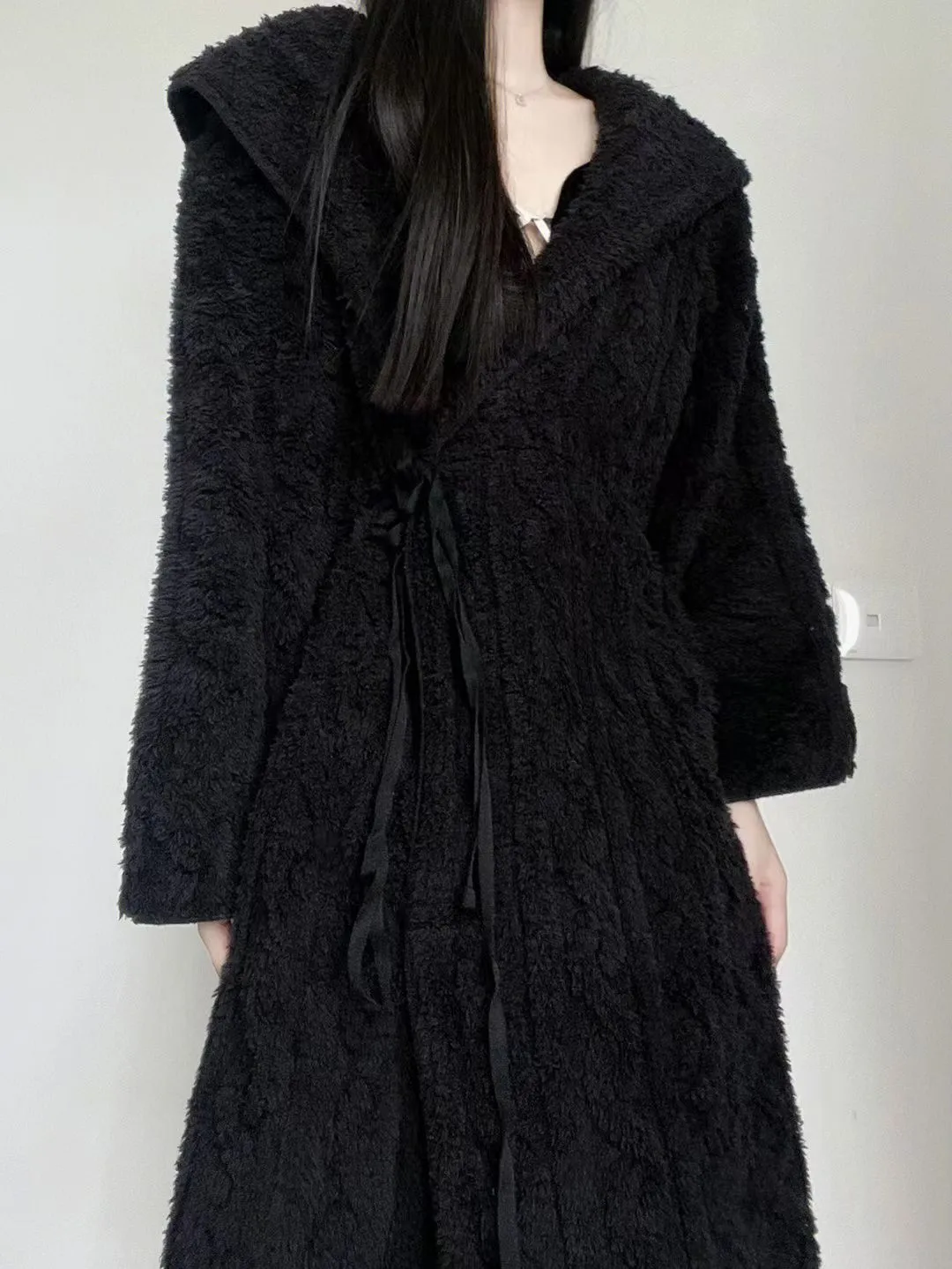 Coral Fleece Long Hooded Black Robe for Women Autumn Winter Elegant Premium Jacquard Wearable Outside Long-Sleeve Loungewear · Wholesale · OEM · Worldwide Shipping - Detail 5