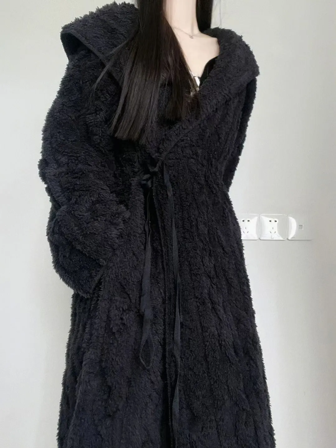 Coral Fleece Long Hooded Black Robe for Women Autumn Winter Elegant Premium Jacquard Wearable Outside Long-Sleeve Loungewear · Wholesale · OEM · Worldwide Shipping - Detail 3