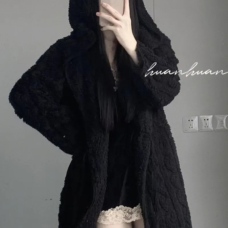Coral Fleece Long Hooded Black Robe for Women Autumn Winter Elegant Premium Jacquard Wearable Outside Long-Sleeve Loungewear · Wholesale · OEM · Worldwide Shipping - View 2