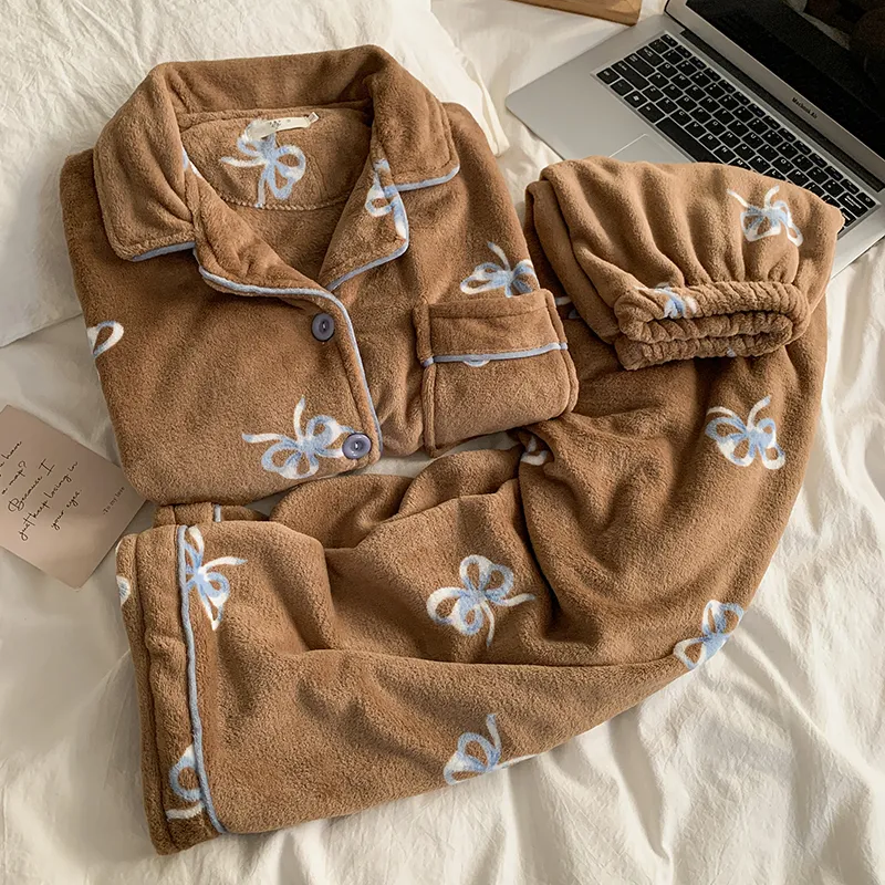 Pyjama femme à nœud style Maillard, automne-hiver, épais, velours corail, chaud, mignon, décontracté, haut de gamme, vêtement d'intérieur · Grossiste · OEM · Mondial - Detail 9
